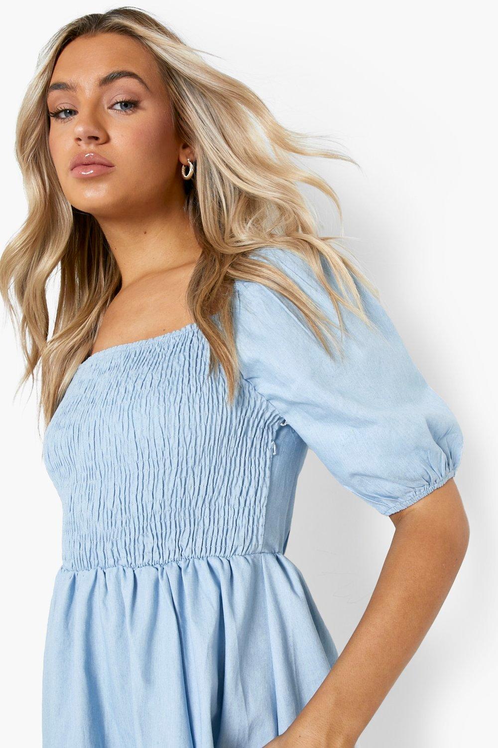 Boohoo Women s Shirred Split Hem Chambray Midi Dress